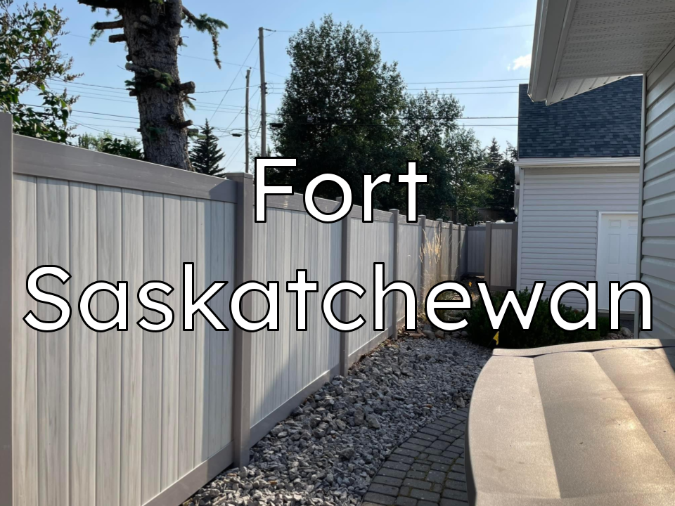 Vinyl privacy fence installed in Fort Saskatchewan using driven steel posts