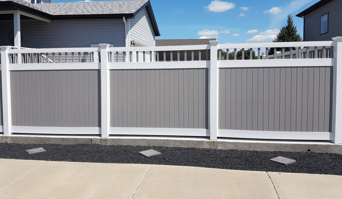 6ft Vinyl Picket Accent Privacy White Border Stone Panels & Pickets installed in Sherwood Park Edmonton